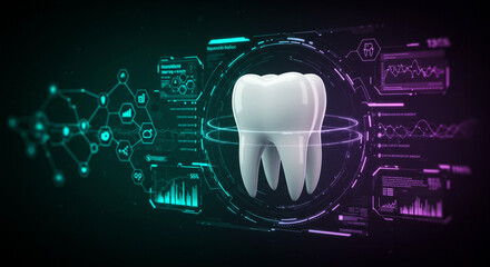 A single tooth surrounded by digital interface elements in a futuristic dental health display