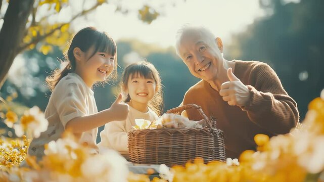 Grandfather and Granddaughters Enjoy Happy Picnic Time Outdoors