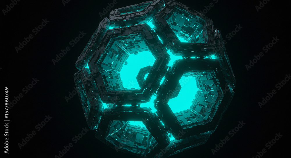 Poster Glowing teal hexagonal structure floating in the dark with intricate geometric patterns visible