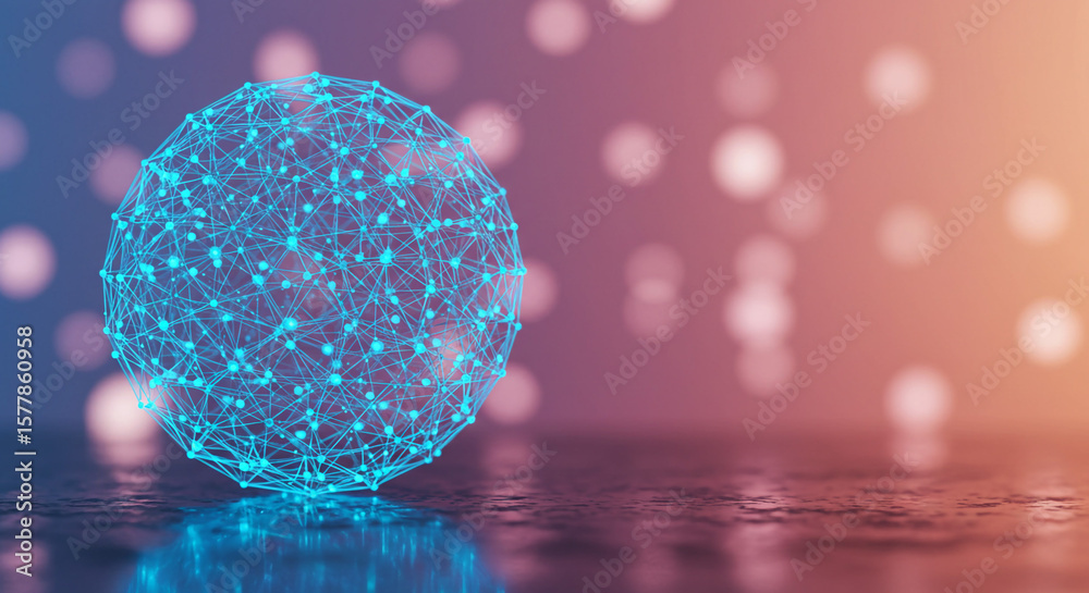 Fototapete a glowing blue sphere made of connected lines and dots on a reflective surface with bokeh lights