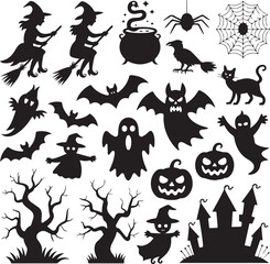 Fototapeta premium Spooky Halloween Silhouette Collection VectorHaunted House with Bats and Moon Halloween SceneWitch Flying on Broomstick Halloween SilhouetteHalloween Pumpkin and Cat Silhouette IllustrationCre