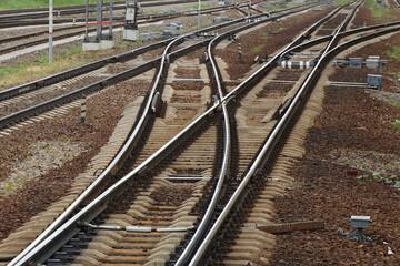 Railway, railway forks, close-up. Shiny rails, switches.