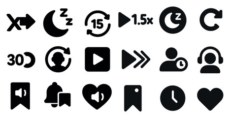 Collection of icons including a heart, arrow, and clock. The icons are all black and white
