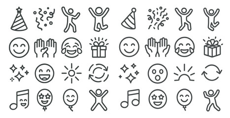 Collection of black and white icons that represent various emotions and actions. The icons include a smiling face, a hand clapping, a person dancing, and a person blowing out candles