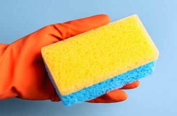 Hand wearing orange glove holding a cleaning sponge on blue background