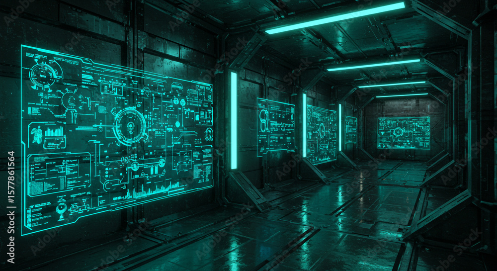 Poster a futuristic corridor with glowing screens displaying complex data and illuminated with teal lightin