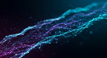 Abstract network of interconnected nodes and lines in blue and purple hues on dark background