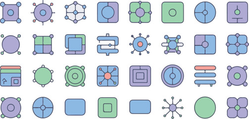 Obraz premium Vector art of a collection of abstract geometric icons in pastel colors, representing technology and data isolated on transparent background.