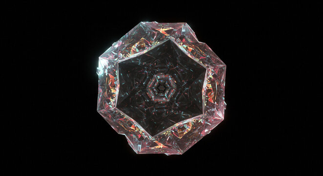 A crystalline structure with an octagonal shape floating against a black background space isolated