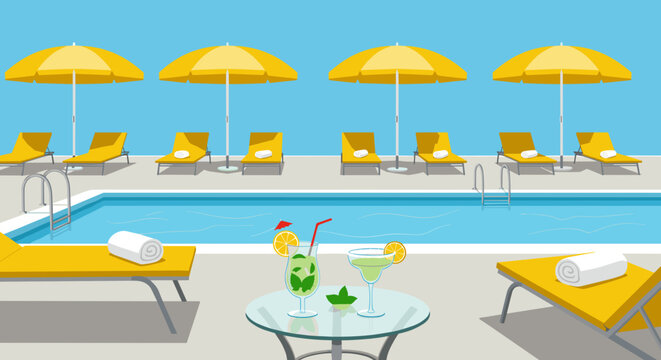 Hotel poolside with umbrellas, towels, and cocktails, flat vector scene