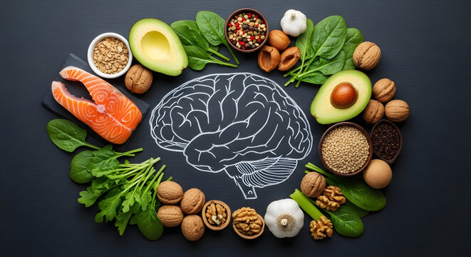 Healthy brain function is highlighted with food choices, featuring foods that support cognitive health and general well-being, accompanied by a brain drawing on a dark background.