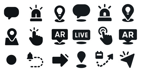 Collection of icons for various apps and features, including a red button, a blue button, a green arrow, and a black arrow