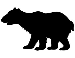 Walking bear silhouette bold black design, Powerful bear silhouette in motion, This image shows a black silhouette of a young bear cub sitting peacefully, with detailed outlines of its ears