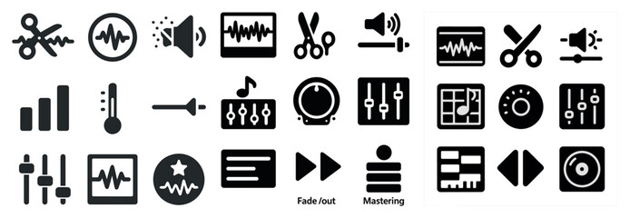 Collection of icons for music and sound editing. The icons include a pair of scissors, a clock, a guitar, a microphone, and a CD. Scene is creative and artistic, as it showcases various tools