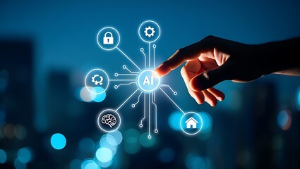 Artificial intelligence concept with hand touching the AI icon, AI-powered automation of tasks and services in modern digital society