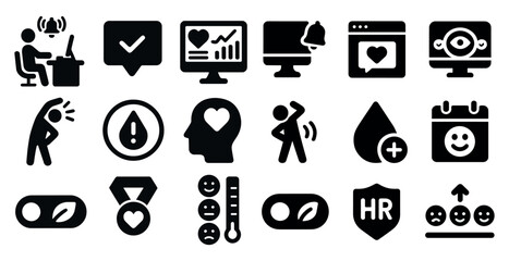 Collection of icons that include a heart, a smiley face, a calendar, a clock, a person, a computer, a keyboard, a mouse, a cell phone, a book, a bottle, a cup, a hand, a heart