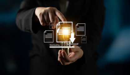 Visual representation of digital document downloading, showing file transfer, data access, and...