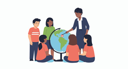 A teacher points to a globe, surrounded by attentive students in a classroom setting.
