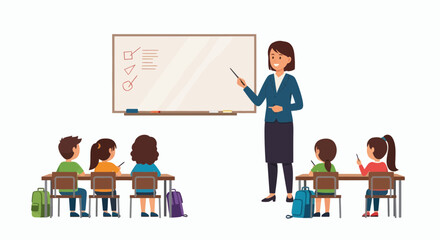 Teacher instructing a small class of elementary school children at a whiteboard.