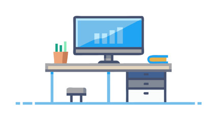 Office desk setup with computer monitor and graph for business analytics and productivity vector art