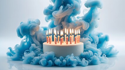 Celebrate birthday with cake and candles surrounded by blue smoke party celebration