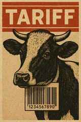 A vintage-style illustration of a cow with a barcode on its mouth and the word "TARIFF" above, symbolizing trade, agriculture, and economic policies.