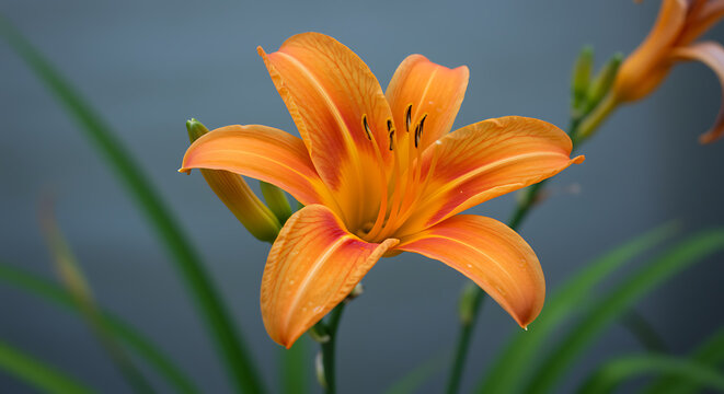 Vivid orange daylily flower with delicate petals blooming in natural sunlight - Powered by Adobe