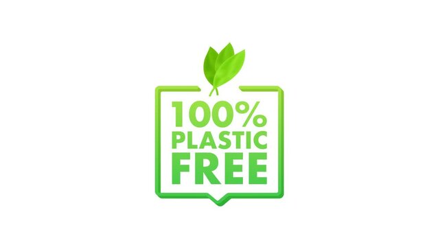 100 percent plastic free animated logo with green leaves on white and blue background