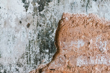 Distressed wall with peeling paint and exposed brick offers texture and an aged, weathered...
