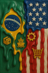 Melted Brazilian and American flags with trade symbols, including a box, ship, gear, and shopping cart, symbolizing international commerce, trade relations, and economic exchange.