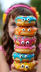 Obraz premium Stack of colorful donuts with googly eyes and sprinkles held by a young girl outside
