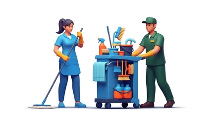 Cartoon cleaning crew with a woman mopping and a man pushing a cleaning cart