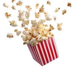 Popcorn flying out of red white striped paper box isolated on transparent backgrounds