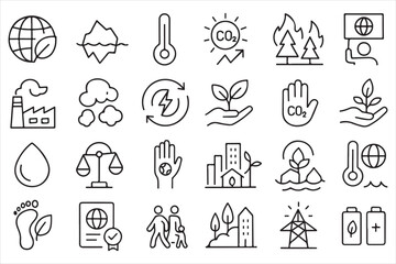 Vector art of a set of climate change and environmental icons isolated on white background