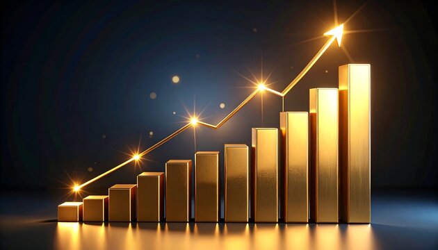 Golden bar graph ascending, glowing - Powered by Adobe