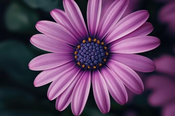 Obraz premium Close-up view of a bee hovering over a vibrant purple daisy in slow motion, Bee closeup view Slow-motion purple violet daisy flower
