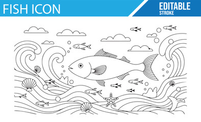 Editable Stroke Ocean Illustration with Fish, Waves, and Beach Elements

