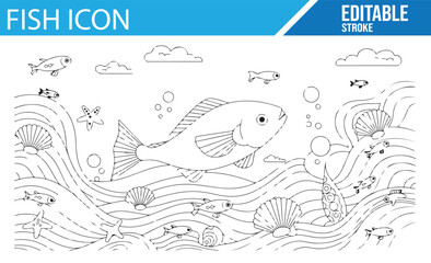 Ocean-themed Illustration with Fish, Waves, and Seashells for Beach Design

