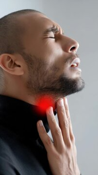 Throat distress: painful sensation, red glow, cold symptoms, tonsil irritation, thyroid imbalance, viral infection, swollen nodes, inflammation symbol, voice disruption, health struggle, respiratory .