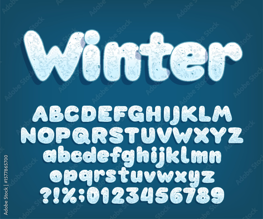 Fototapete winter alphabet font. cartoon snow letters and numbers. uppercase and lowercase. stock vector typefa