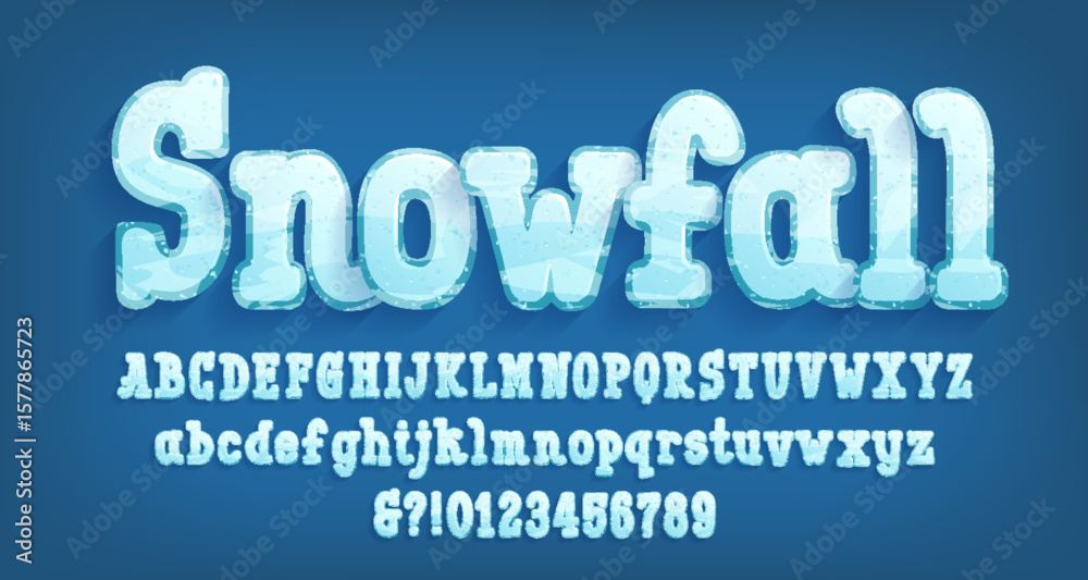 Fototapete Snowfall alphabet font. Cartoon letters and numbers. Uppercase and lowercase. Stock vector typeface for your typography design.