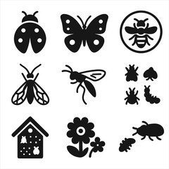 Insect Support Icons. Solid style icons of insect support beyond bees: ladybug icon, butterfly pollinator, hoverfly badge,