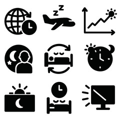Jet Lag Icons. Solid style icons of jet lag and shift worker sleep: time zone shift icon, airplane sleep icon, jet lag adjust