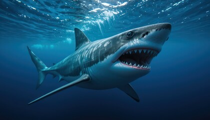 Fototapeta premium A great white shark swims in the ocean with its mouth open revealing teeth