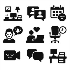 Tech Overload Icons. Solid style icons of tech overload in remote work: home desk chaos icon, back-to-back video calls, calendar
