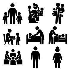 Single Parent Icons. Solid style icons of single parent and caregiver support: solo parent with children, multitasking caregiver,
