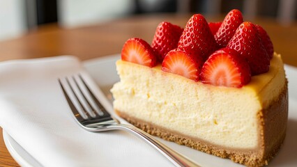 Delicious Slice of Strawberry Cheesecake on a Plate with a Fork and Napkin