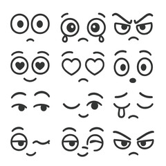 Expressive Eyes and Brows. Line style icons of expressive eyes and brows: wide eyes, teary eyes, angry brows, confused brows,