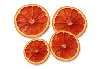Four slices of grapefruit lying on a transparent background, creating a vibrant and juicy display