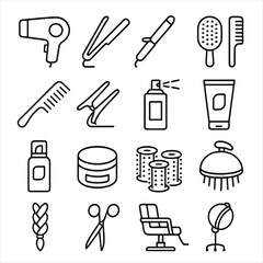 Obraz premium Hair Styling Icons. Line style icons of hair styling: hairdryer, hair straightener, curling iron, hairbrush, comb, hair clips,